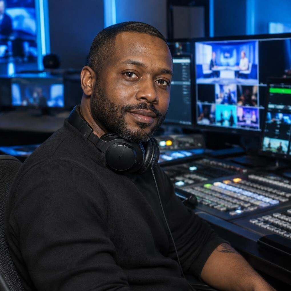 Broadcast engineer wearing headphones at a vision mixing desk
