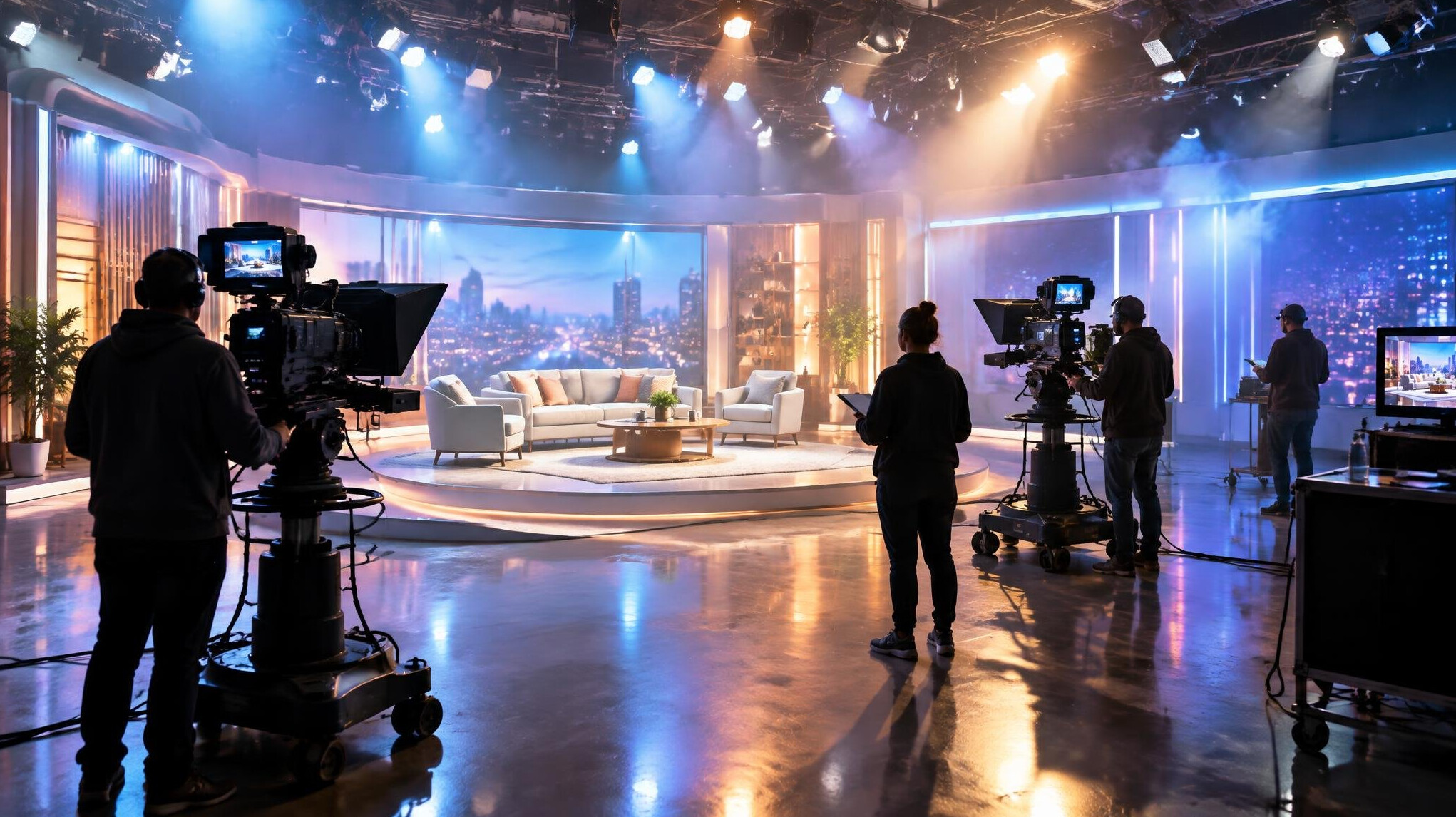 Wide shot of a live television studio during a rehearsal