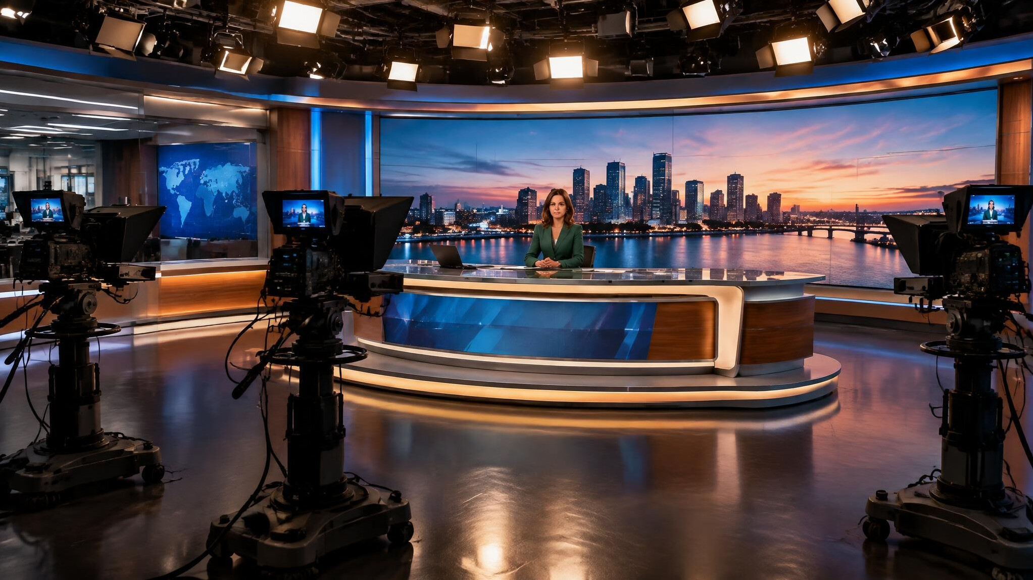 Television news studio with cameras and bright lighting rig