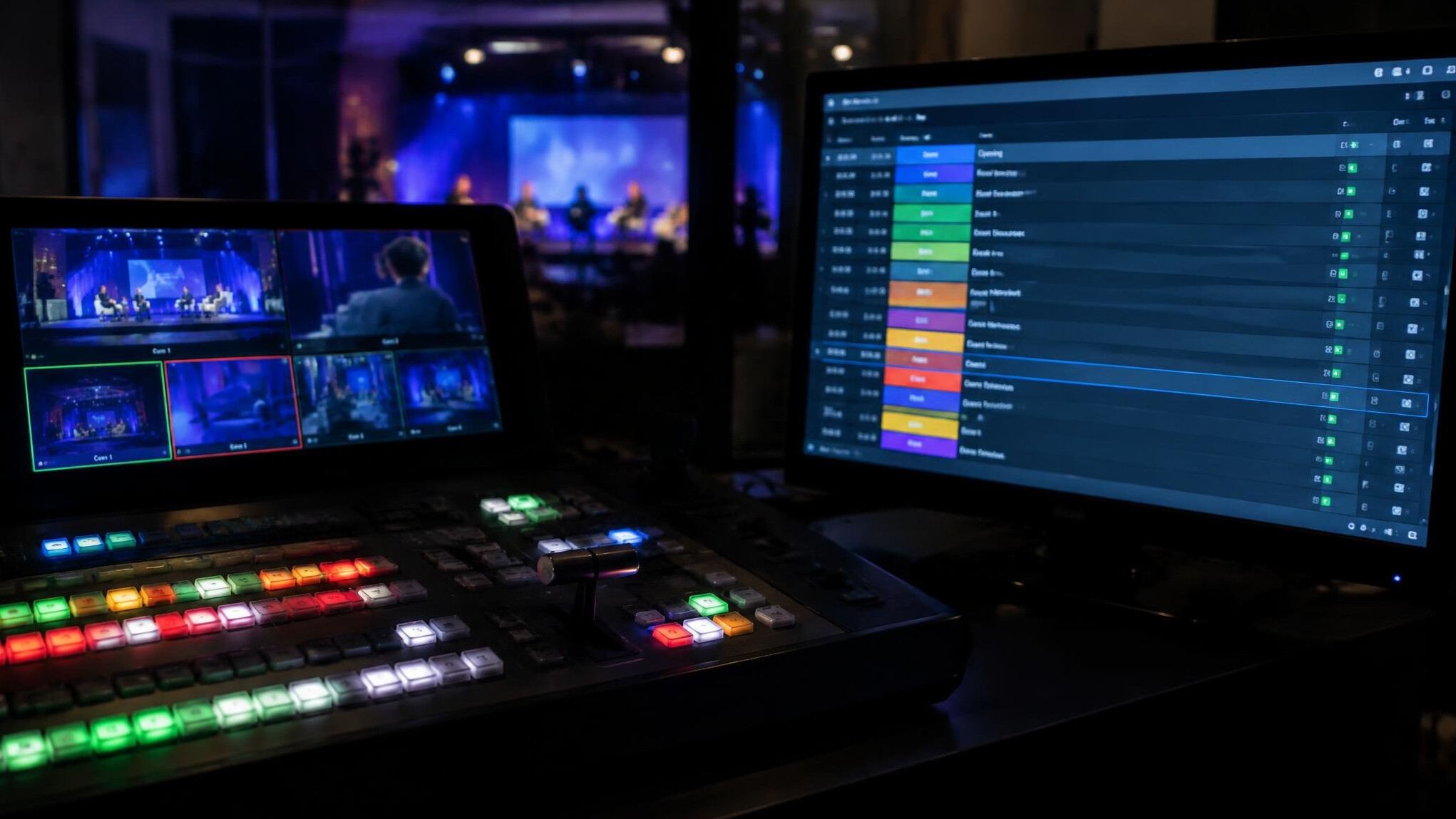 Production schedule and running order on a monitor next to a vision mixer