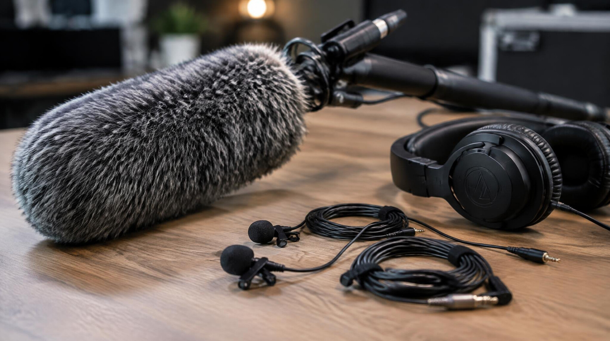 Boom microphone and lavalier mics on a studio desk
