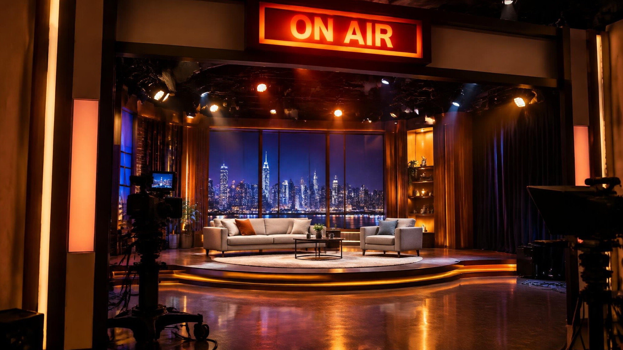 Live show stage with a glowing on-air sign