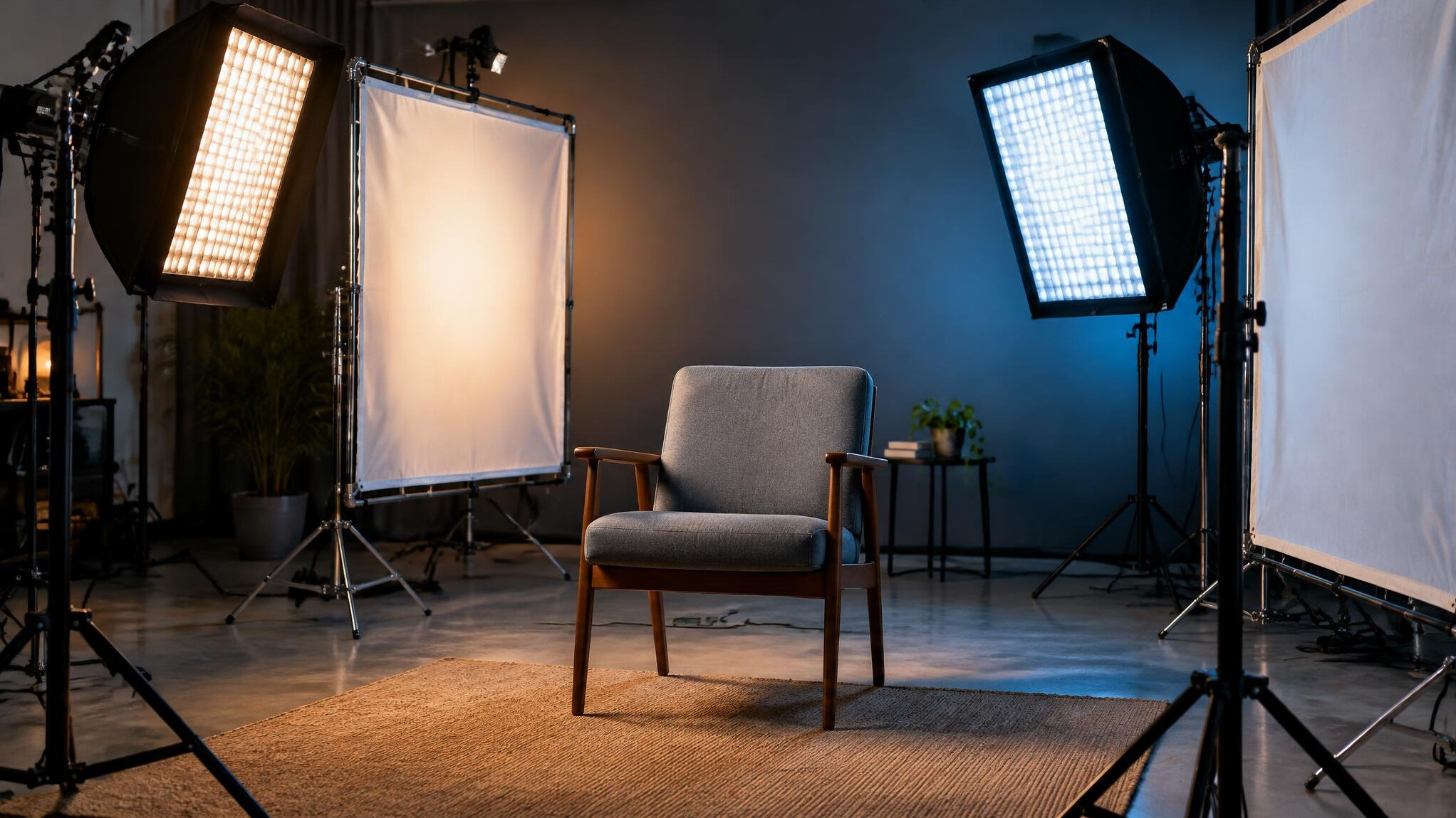 LED panel lights and softboxes in a studio