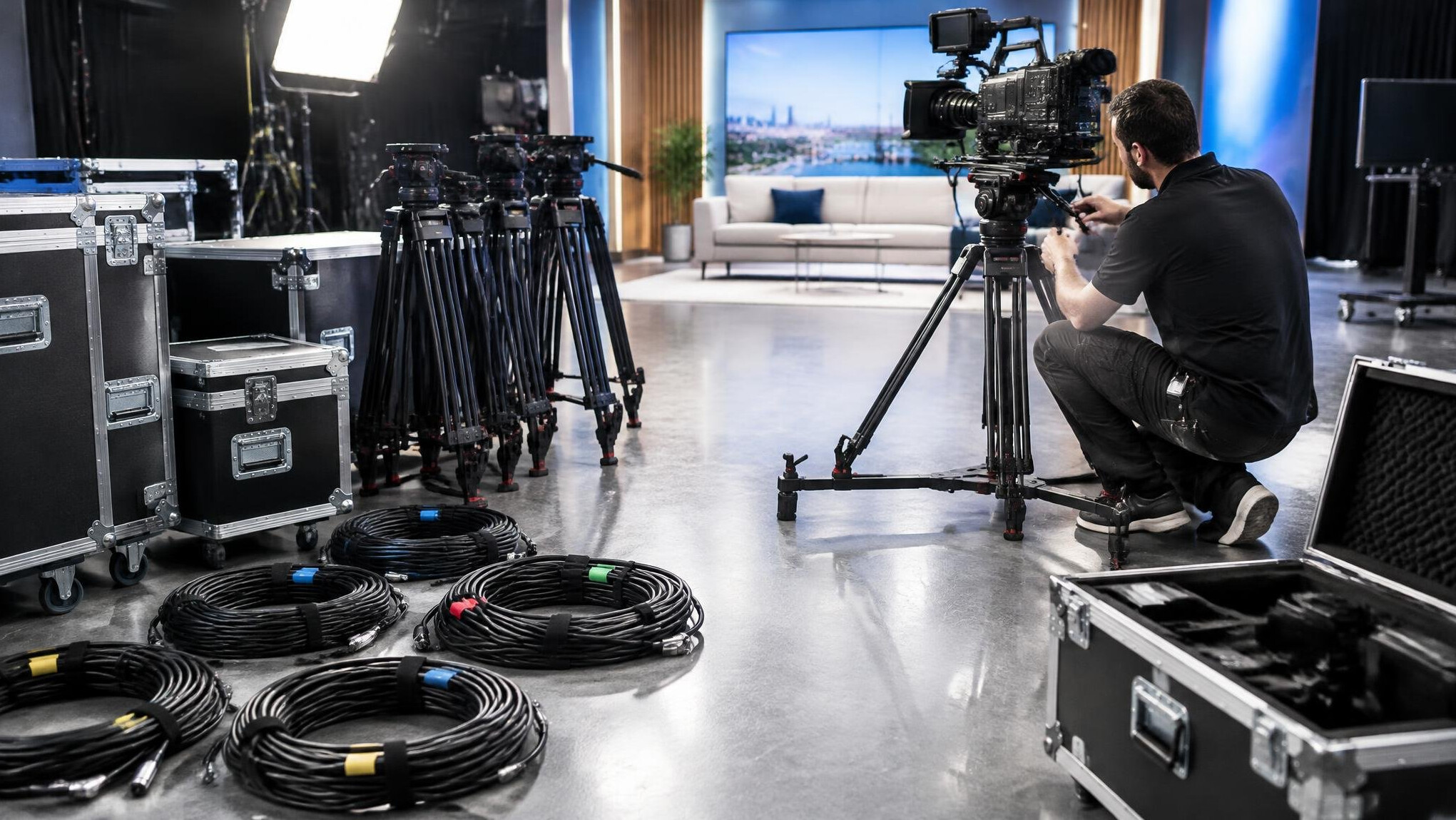 Cables and equipment being set up on a television studio floor