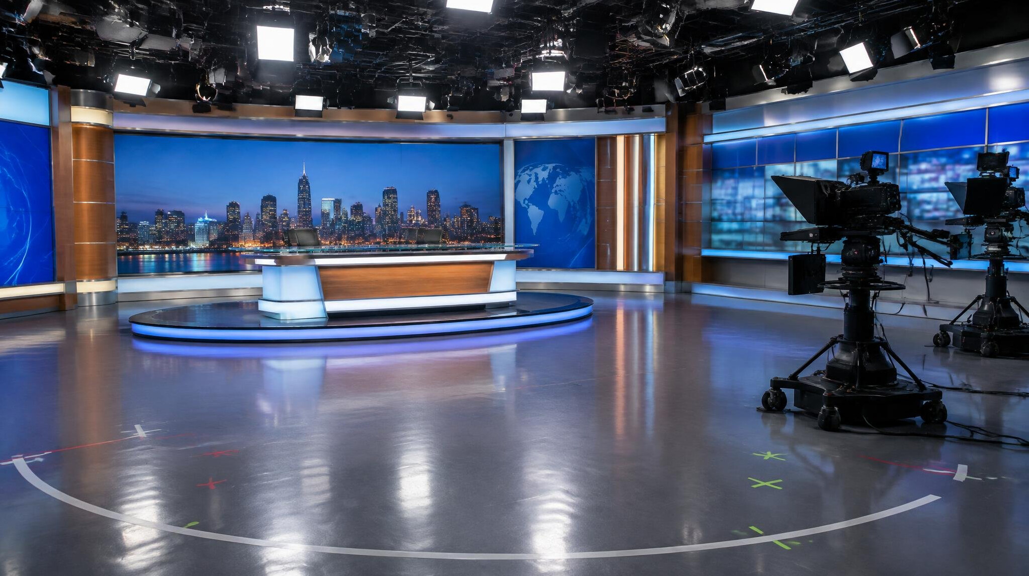 Large empty television studio with a lit news set