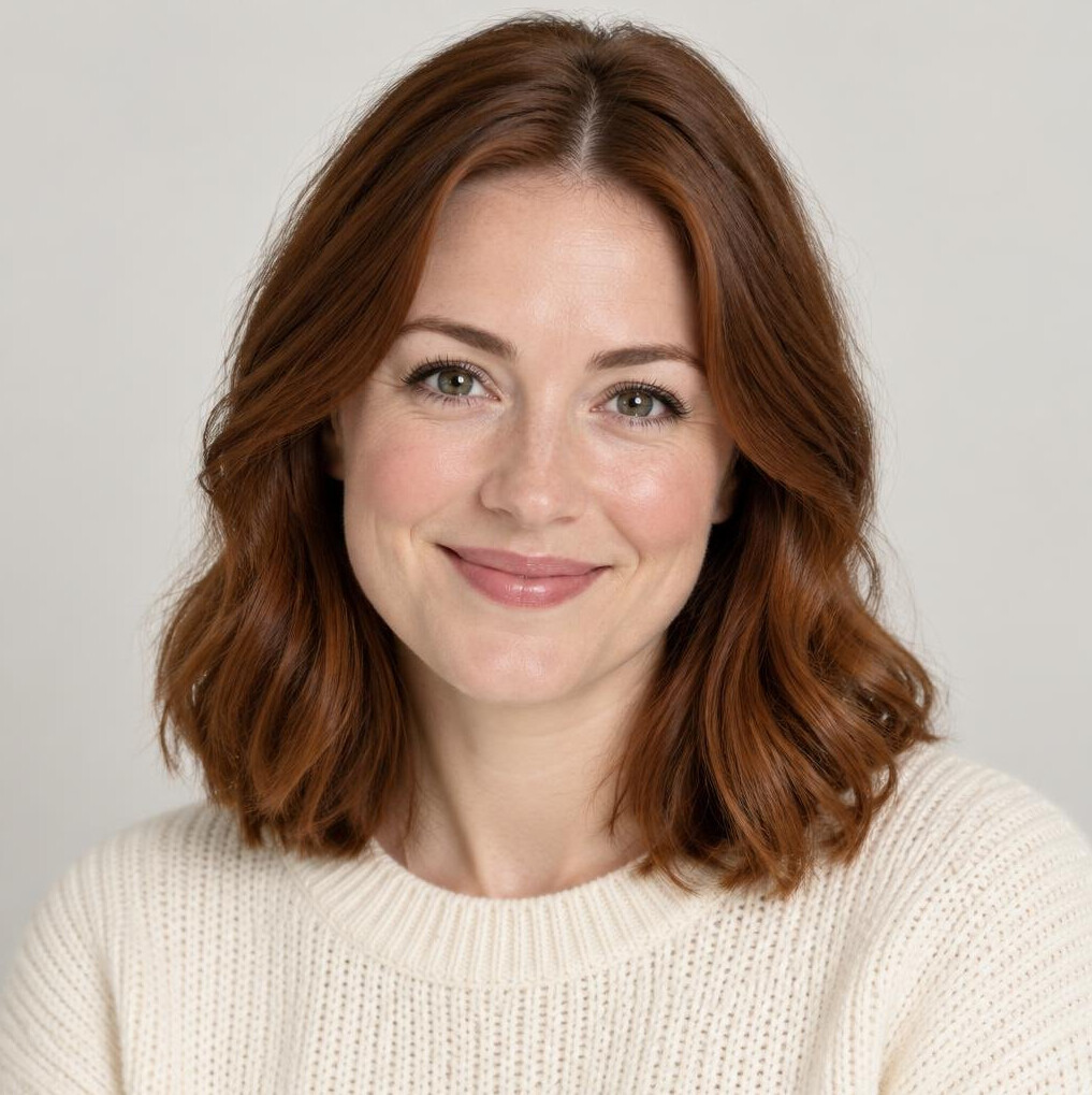 Portrait of a British woman with shoulder-length auburn hair