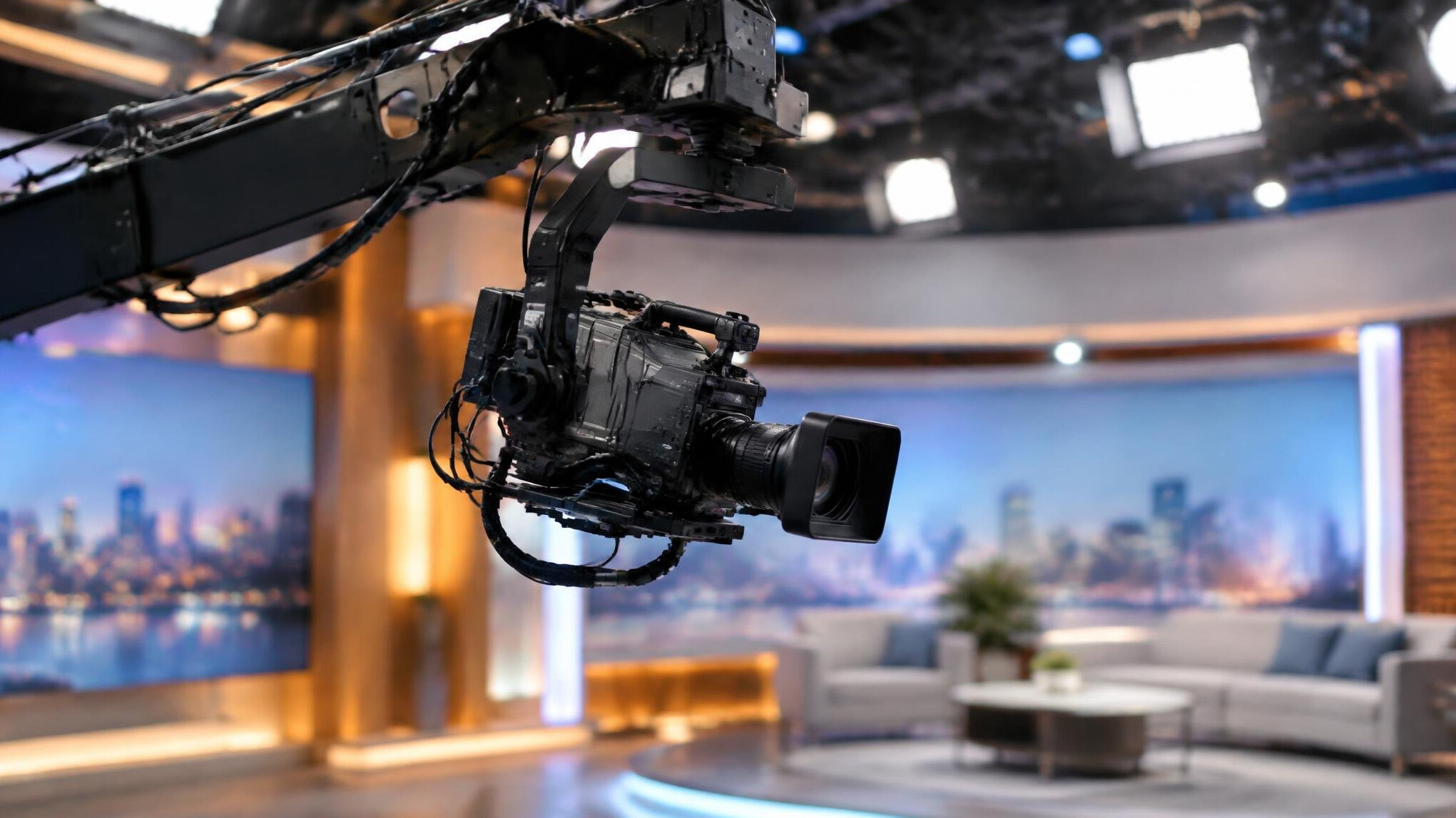 Camera on a studio crane arm moving across a set