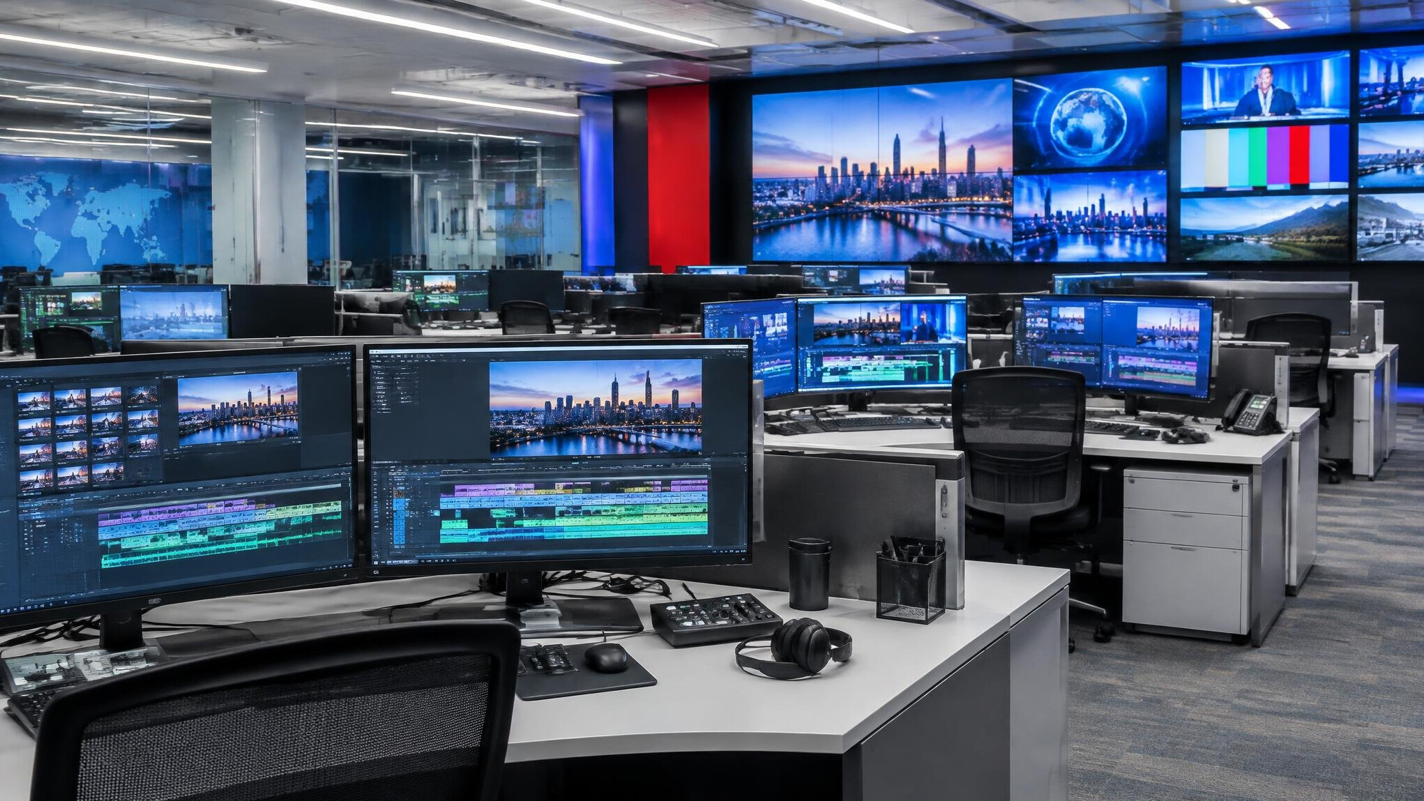 Modern newsroom desks with computers and screens